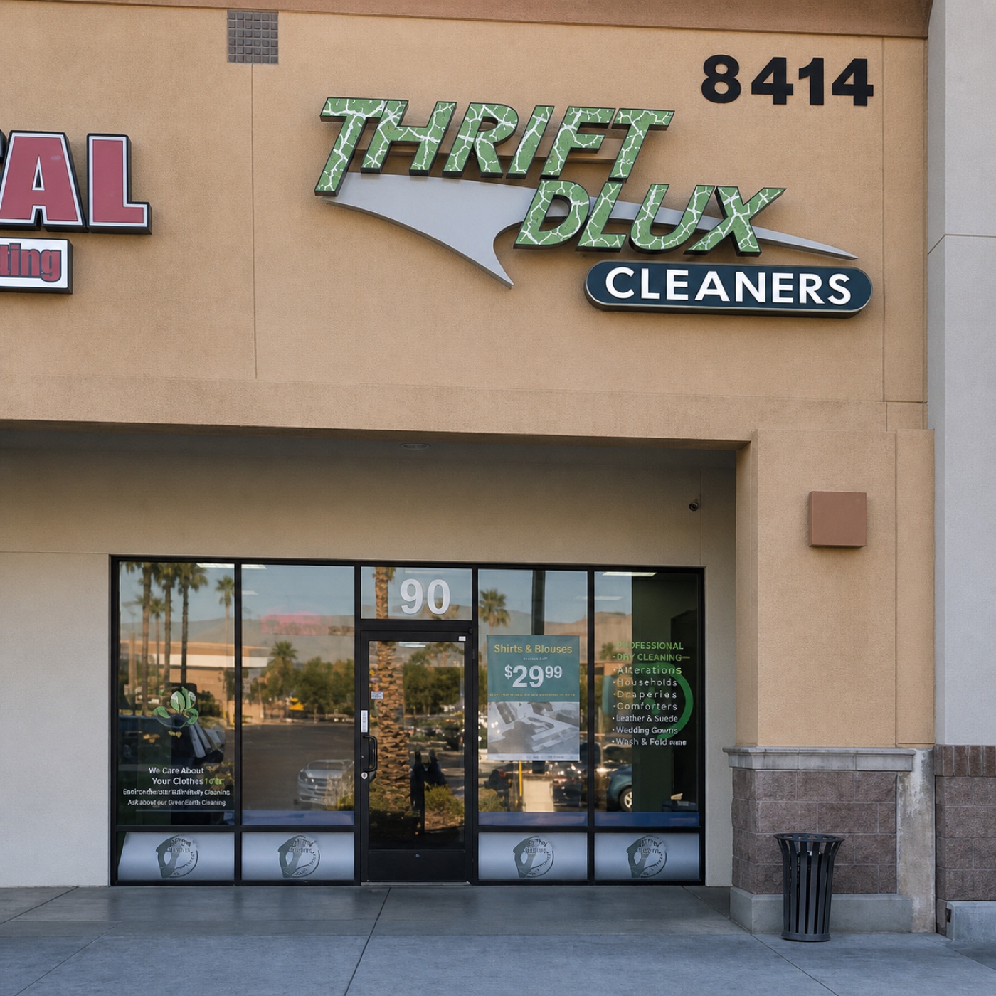 Thrift DLux Cleaners storefront at 8414 Farm Rd.